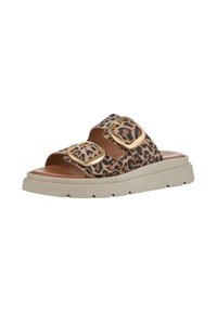 Leopard print slide sandals with two gold buckle accents, brown suede upper, soft footbed, and a chunky beige rubber sole.