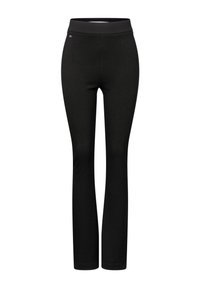 Leggings atletici neri con un tessuto liscio e elasticizzato, design a gamba svasata e una cintura larga per comfort e facilità di movimento.