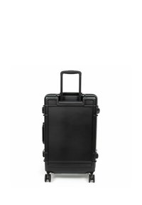 Hard-shell black suitcase with a retractable handle, four wheels, and side carry handle. Smooth texture with a simple, rectangular design.