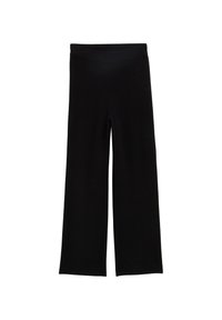 Pantaloni neri a gamba larga con vita piatta, realizzati in un morbido tessuto testurizzato. Presentano un design semplice e pulito senza motivi visibili.