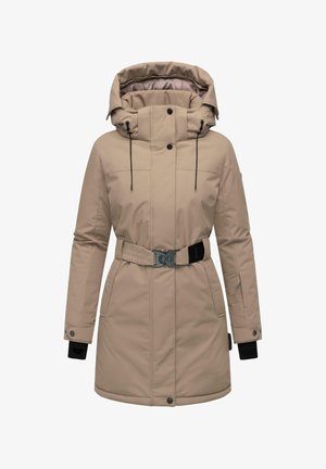 Bež soe loodus- ja külmakindel jakk kõrge kraega ning reguleeritava kapuutsiga. Omab vöökoht, küljetaskuid ja musta aksentdetaili mansettides.