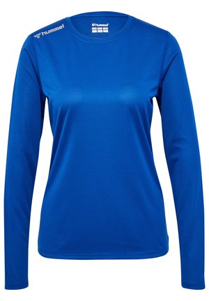 Langd다운 sportshirt in helderblauw, gemaakt van gladde, lichte stof. Heeft een ronde hals en logo-accenten op de schouders.