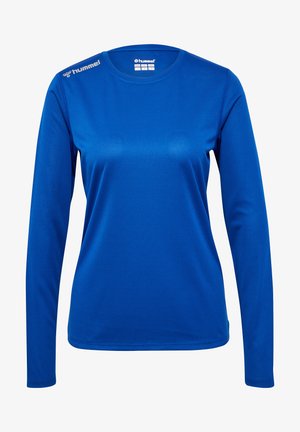 Langærmet atletisk skjorte i klar blå, lavet af glat, letvægts stof. Har rund halsudskæring og logo detaljer på skuldrene.