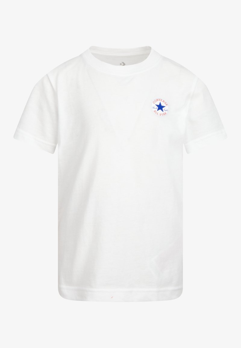 Vit bomulls t-shirt med rund halsringning och korta ärmar. Har en cirkulär "Converse All Star" logotyp i röd och blå på vänster bröst.