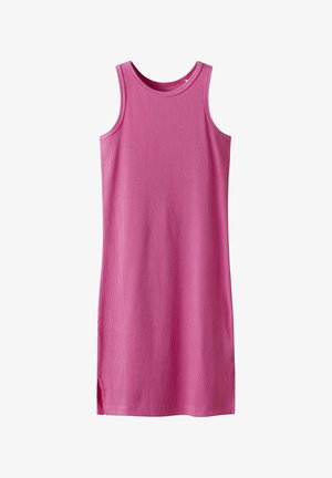 Ärmelloses pinkes Kleid aus geripptem Stoff mit gerader Silhouette und seitlichen Schlitzen für zusätzlichen Bewegungsspielraum.