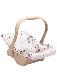 Seggiolino per auto per bambini imbottito con una base in plastica beige e una maniglia. Il tessuto presenta uno sfondo bianco con pois e motivi neri e dorati.
