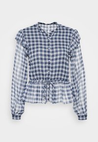 Blusa a quadri blu navy e bianca con maniche lunghe, spalle arricciate, chiusura con bottoni e vita con coulisse per una vestibilità regolabile. Tessuto morbido.