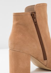 Botas de tobillo de ante en tono claro con cremallera lateral, que cuentan con un alto tacón cuadrado y un forro interior suave. La superficie texturizada añade un detalle.
