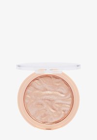 Boîtier rond compact avec un couvercle transparent, contenant de la poudre marbrée couleur or rose. Texture douce, boîtier en plastique léger et détails de surface lisses.