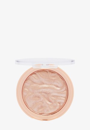 Boîtier rond compact avec un couvercle transparent, contenant de la poudre marbrée couleur or rose. Texture douce, boîtier en plastique léger et détails de surface lisses.
