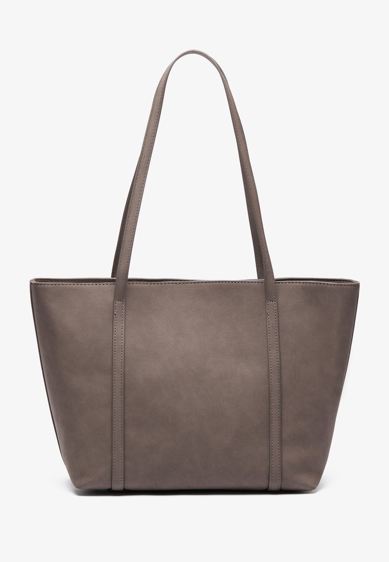 Borsa tote in finta pelle grigia con forma strutturata, manici lunghi e cuciture decorative. Texture liscia e design a apertura superiore per un facile accesso.