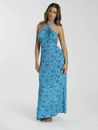 Maxi-jurk in een blauw en groen bloemenpatroon, met een halterneck ontwerp en een gedrapeerde voorkant. Glad materiaal, enkel-lange pasvorm en mouwloos.