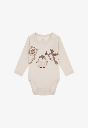 Beige Baby-Bodysuit mit langen Ärmeln und braunen Illustrationen eines Bären, Pinguins und Rentiers auf der Vorderseite.