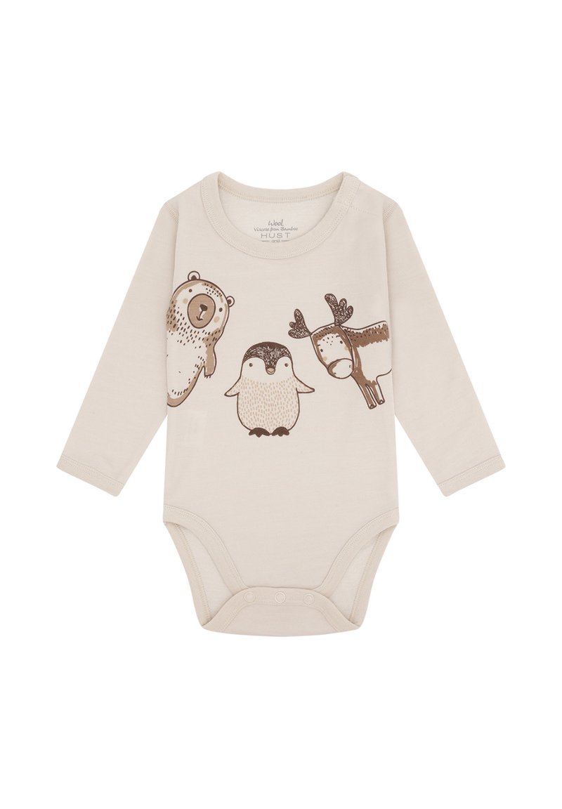 Body a manica lunga beige per neonati con illustrazioni marroni di un orso, un pinguino e una renna sul davanti.
