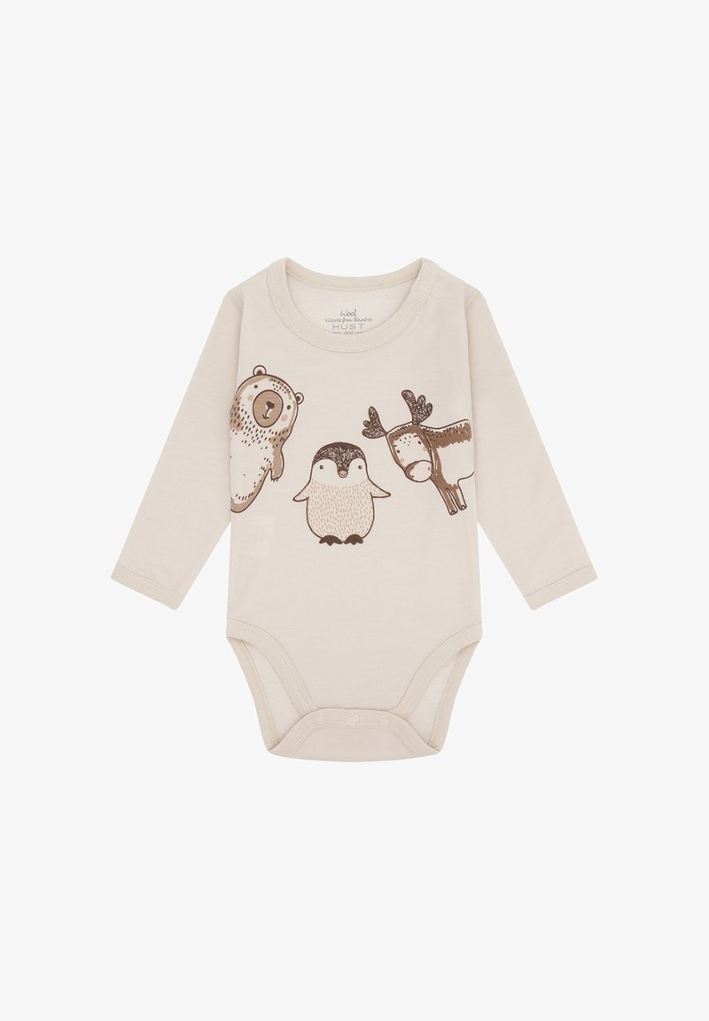 Body a manica lunga beige per neonati con illustrazioni marroni di un orso, un pinguino e una renna sul davanti.
