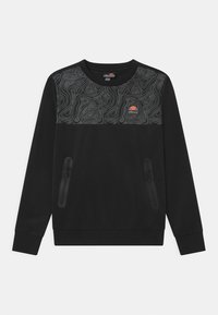 Schwarzer Pullover mit langen Ärmeln, der ein strukturiertes graues abstraktes Design auf der oberen Vorderseite sowie zwei vordere Reißverschlusstaschen aufweist.