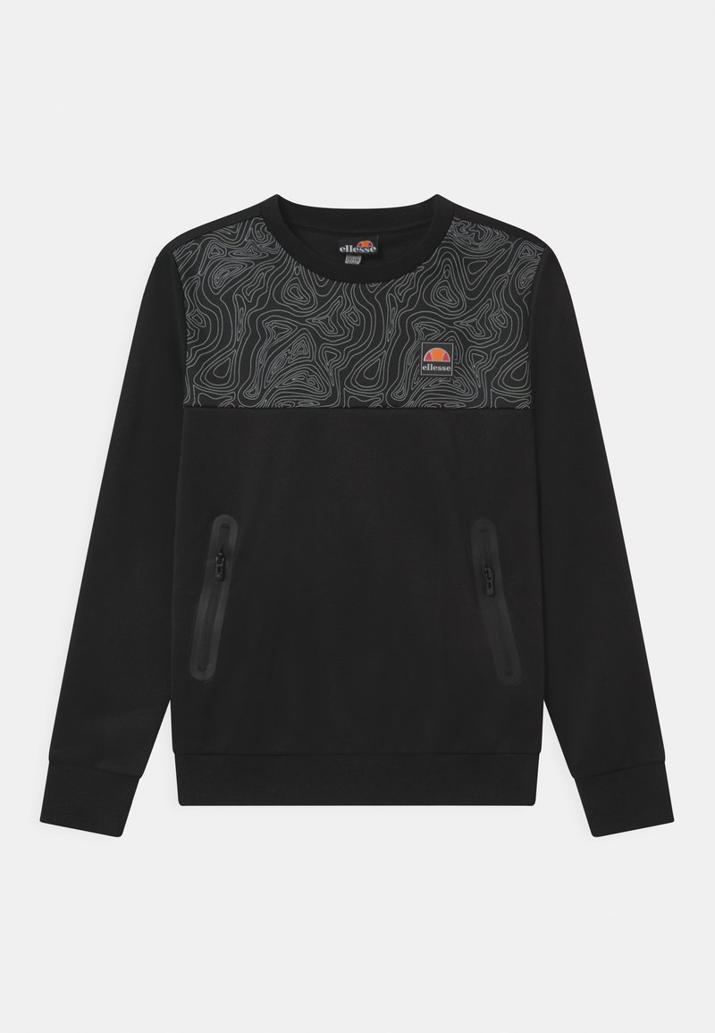 Schwarzer Pullover mit langen Ärmeln, der ein strukturiertes graues abstraktes Design auf der oberen Vorderseite sowie zwei vordere Reißverschlusstaschen aufweist.