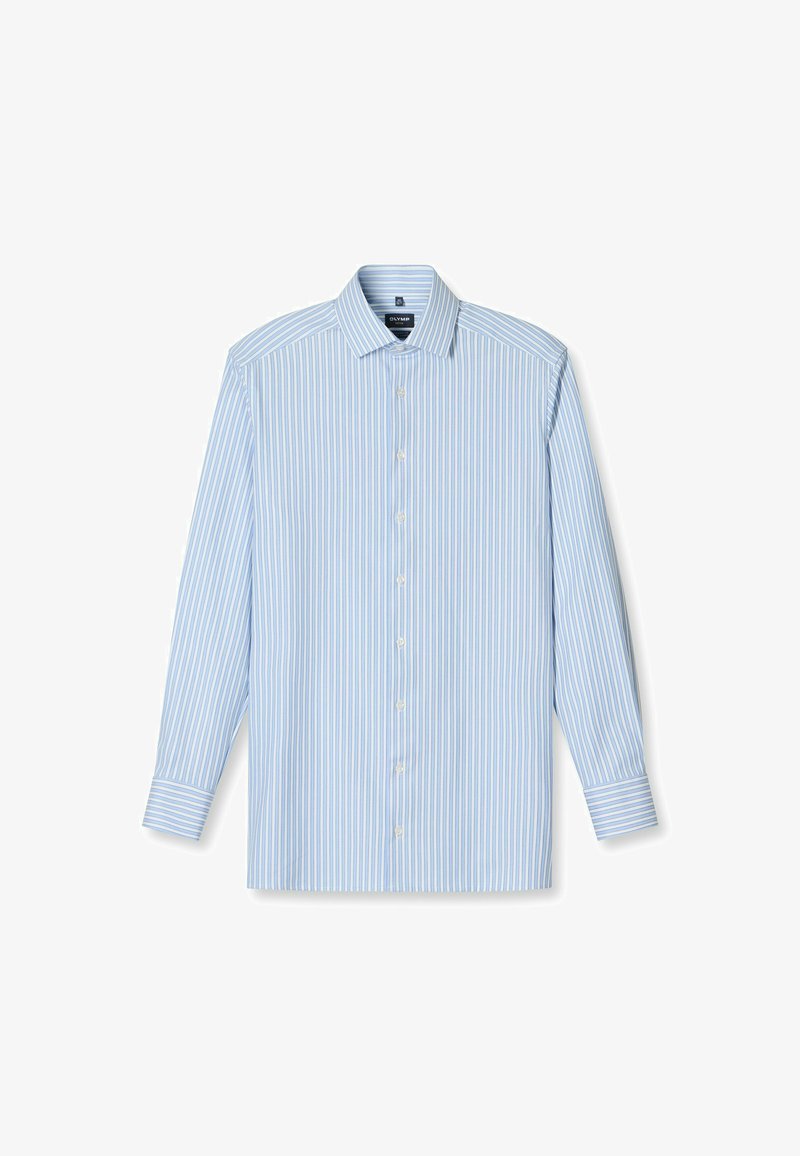 Lichtblauw overhemd met dunne witte verticale strepen, spread collar, lange mouwen en een eenvoudige sluiting aan de voorkant. Zachte stofstructuur.