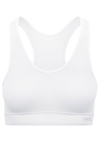 Reggiseno sportivo bianco realizzato in materiale elastico, con scollatura a barchetta, design racerback e un logo discreto nell'angolo in basso a destra.