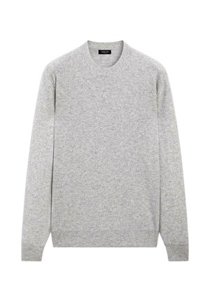 Gray sweater made of soft fabric, featuring a round neck, long sleeves, and ribbed cuffs and hem. No patterns or hardware details visible.