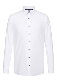 Camicia bianca a maniche lunghe con colletto classico, dotata di bottoni blu e una texture sottile. I polsini sono abbottonati e la vestibilità è sartoriale.