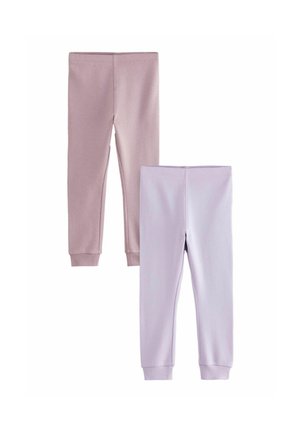 Zwei Paare von gerippten Leggings: eine in sanftem Lavendel und die andere in blassem Mauve, beide mit eng anliegenden Bündchen an den Knöcheln.