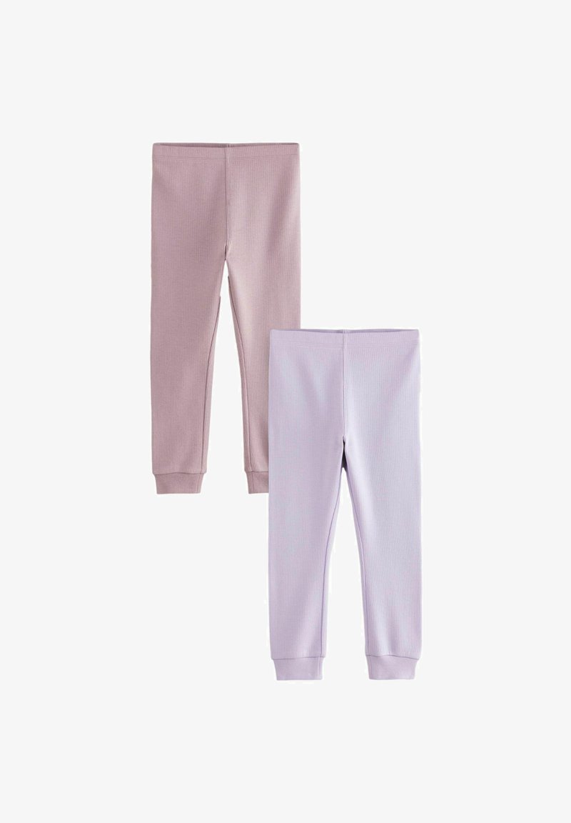 Deux paires de leggings côtelés : l'une en mauve doux, l'autre en violet clair. Les deux disposent de ceintures élastiques et de poignets ajustés aux chevilles.