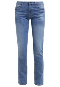 Ljusblå denimjeans med rak passform, femficksdesign, framknäppning och subtila blekningar vid knäna.