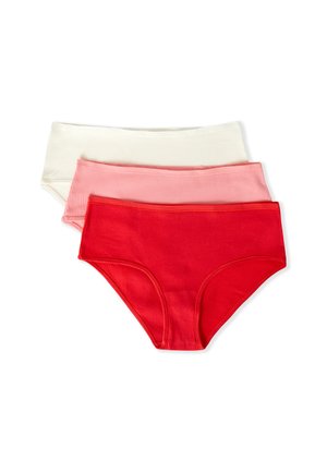 Trois culottes hipster en tissu côtelé pour femmes en rouge, rose et écru, empilées sur un fond blanc.