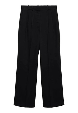 Pantaloni neri a gamba larga con vita alta, caratterizzati da due pieghe frontali e una texture liscia. Completi di una chiusura classica con zip e bottone.