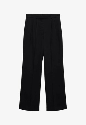 Mustat leveälahkeiset housut, joissa on korkea vyötärö, kahdella eturypytyksellä ja sileällä pinnalla. Varustettu klassisella vetoketjulla ja napilla.