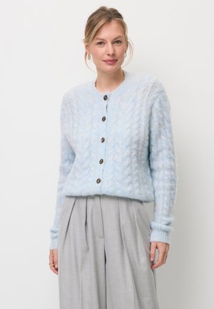 Jonge vrouw draagt een lichtblauwe kabelgebreide cardigan met grote knopen en loszittende grijze geplooide broek, staand tegen een witte achtergrond.