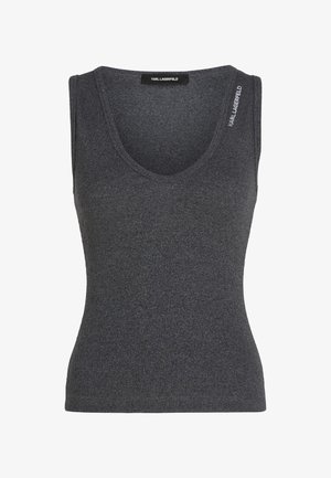 Sivý rebrovaný tielko s hlbokým výstrihom a značkovým logom Karl Lagerfeld na pleci. Vyrobené z ľahkej, textúrovanej tkaniny.