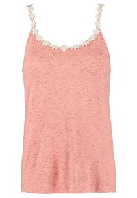 Różowy top bez rękawów z białą koronkową lamówką w kwiaty wzdłuż dekoltu i ramiączek, z delikatną melanżową fakturą.