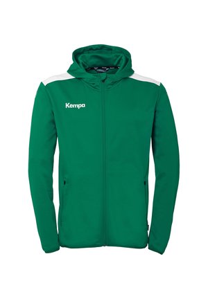 Grøn zip-up hættetrøje lavet af blødt stof, med en hvid skulderdetalje, sidelommer med lynlås og "Kempa" logo på brystet.
