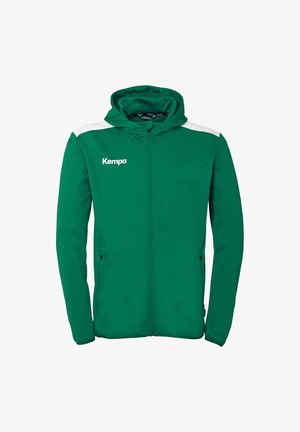 Grøn zip-up hættetrøje lavet af blødt stof, med en hvid skulderdetalje, sidelommer med lynlås og "Kempa" logo på brystet.