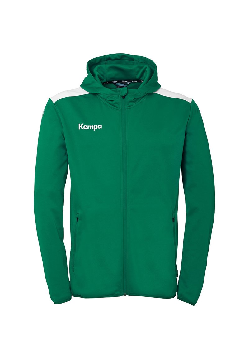 Grøn zip-up hættetrøje lavet af blødt stof, med en hvid skulderdetalje, sidelommer med lynlås og "Kempa" logo på brystet.