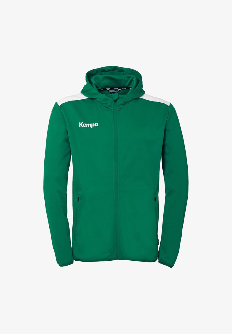 Grøn zip-up hættetrøje lavet af blødt stof, med en hvid skulderdetalje, sidelommer med lynlås og "Kempa" logo på brystet.