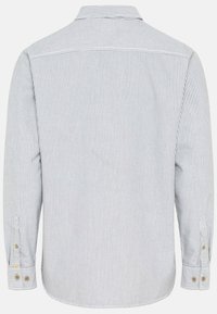 Chemise à manches longues présentant un motif rayé bleu et blanc, col classique et poignets boutonnés avec des accents dorés.