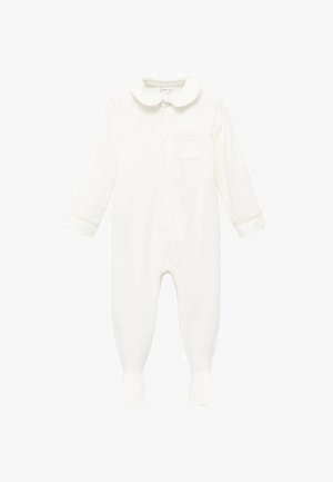 Bodysuit pour bébé blanc en matériau doux, avec un col, des manches longues, une fermeture à boutons sur le devant et un design avec pieds, ainsi qu'une poche sur la poitrine.