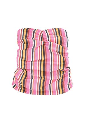 Utan axelband topp med samlad design som har horisontella ränder i rosa, orange, brunt och svart. Slätt tyg med en mjuk textur.