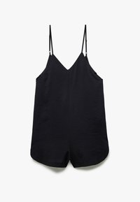Sort jumpsuit med V-hals, tynde justerbare stropper og en afslappet pasform. Fremstillet af let stof uden synlige lukninger.