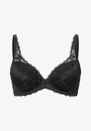 Musta pitsinen rintaliivi, jossa on muotoiltu tuki, aaltoilevat reunat ja keskellä kaunis nauha. Pehmeä pinta, jossa on monimutkaisia kukkakuoseja ja säädettävät hihnat.