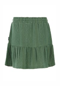 Falda verde texturizada con un diseño en capas. Presenta una cintura fruncida y patrones intrincados con detalles de ojales.