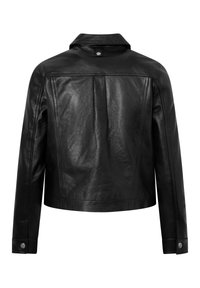 Schwarze Lederjacke mit glatter Textur, Druckknopfkragen und taillierter Passform. Verfügt über einen einzelnen Rückenfalten und knopfende Manschetten.
