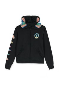 Felpa nera con zip e cappuccio interno con un motivo colorato. Presenta un logo sul petto e grafiche multicolori su una manica. Tessuto morbido.