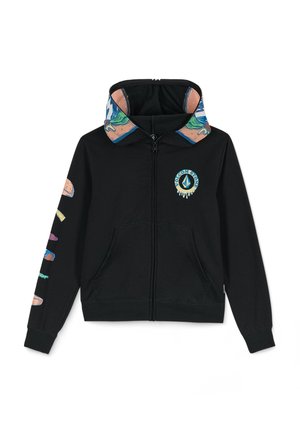 Veste à capuche zippée noire avec une doublure de capuche à motif coloré. Présente un logo sur la poitrine et des graphiques multicolores sur une manche. Tissu doux.