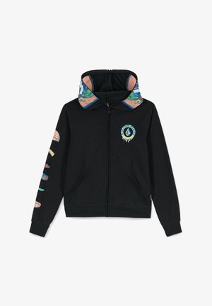 Felpa nera con zip e cappuccio interno con un motivo colorato. Presenta un logo sul petto e grafiche multicolori su una manica. Tessuto morbido.