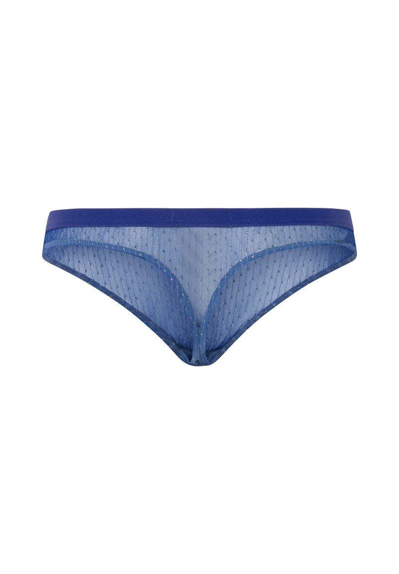 Durchsichtige blaue Netzunterwäsche mit einem einfarbigen blauen Bund, die ein gepunktetes Muster auf dem gesamten Stoff und ein niedrig geschnittenes Design aufweist.
