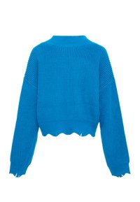 Gekürzter Pullover in leuchtendem Blau mit geripptem Texture, weiten Ärmeln und gewelltem Saum. Die Rückansicht zeigt eine lockere Passform und Strickdetails.